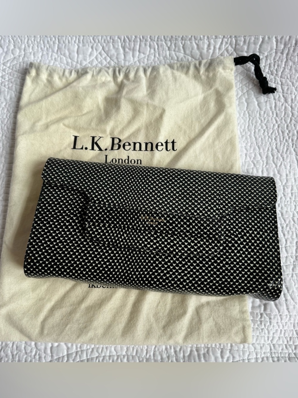 L.K. Bennett Black and White Clutch with removable shoulder strap and Dust Bag